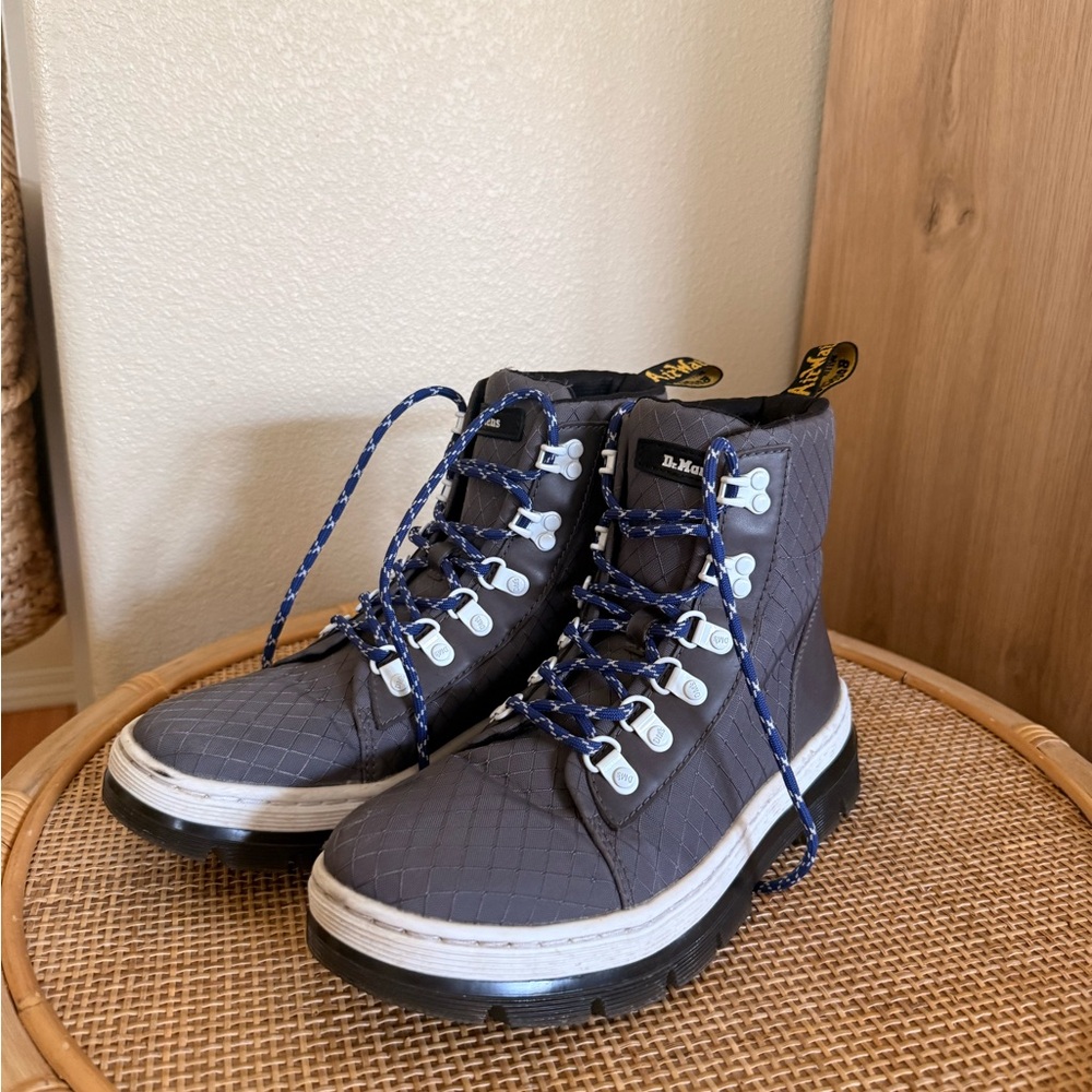 Dr. Martens Quilted Gray Lace-Up Ankle Boots with Navy Laces